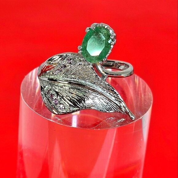 925 Sterling Silver Leaf Ring Sz 8 with Naural Emerald & Garnet Gemstone - Picture 9 of 13
